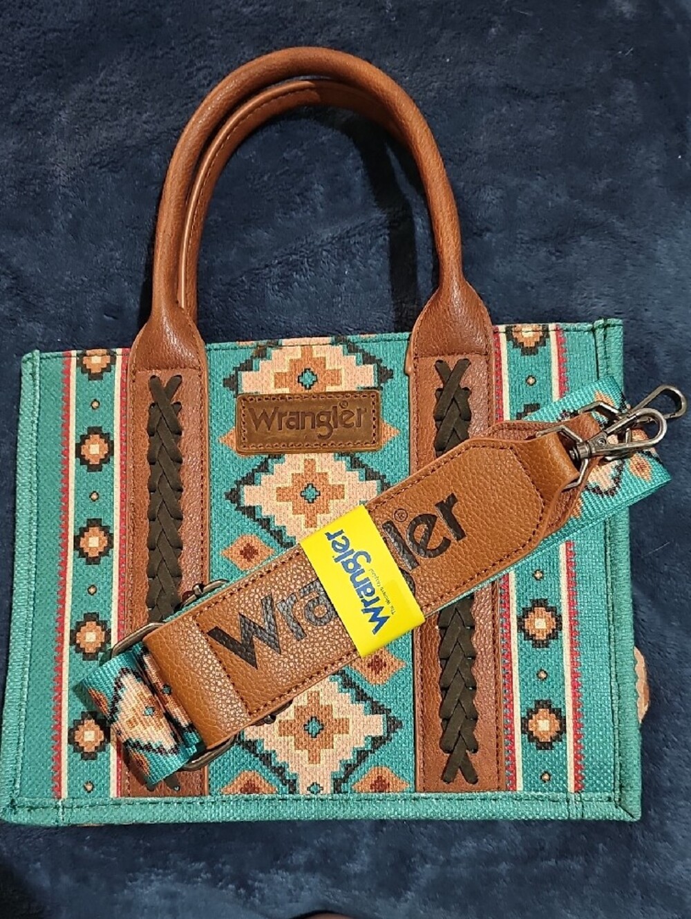 Wrangler Turquoise Southwestern Pattern Tote with Brown Trim - Picture 3 of 6
